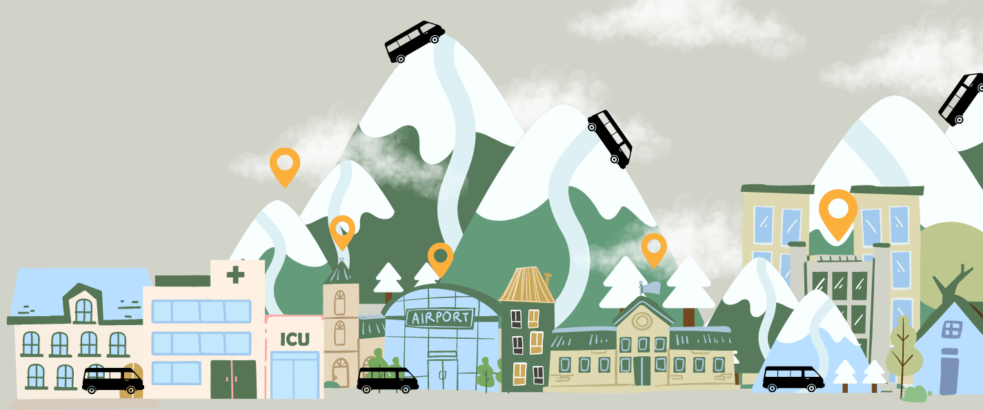 Illustration with moutains, taxis and buildings.