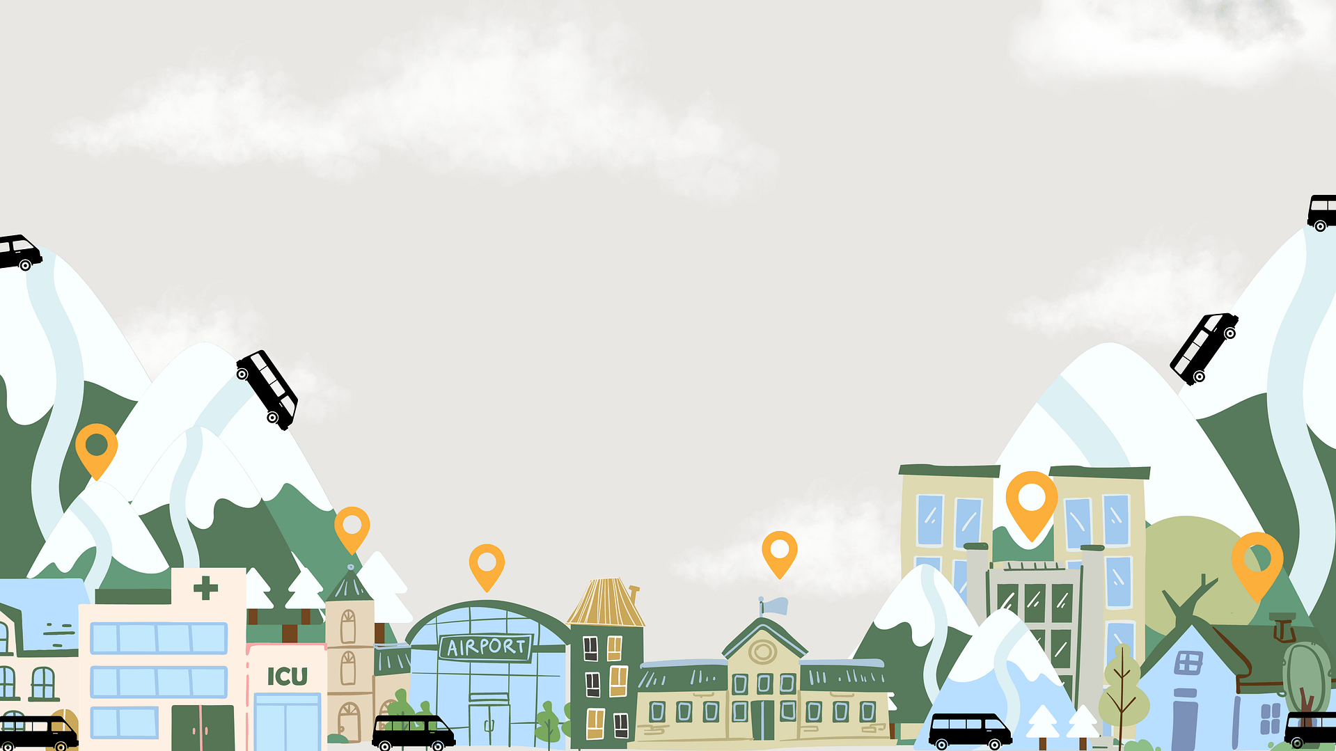 Illustration shaowing various locations infront of mountains incuding a hospital, school and office.